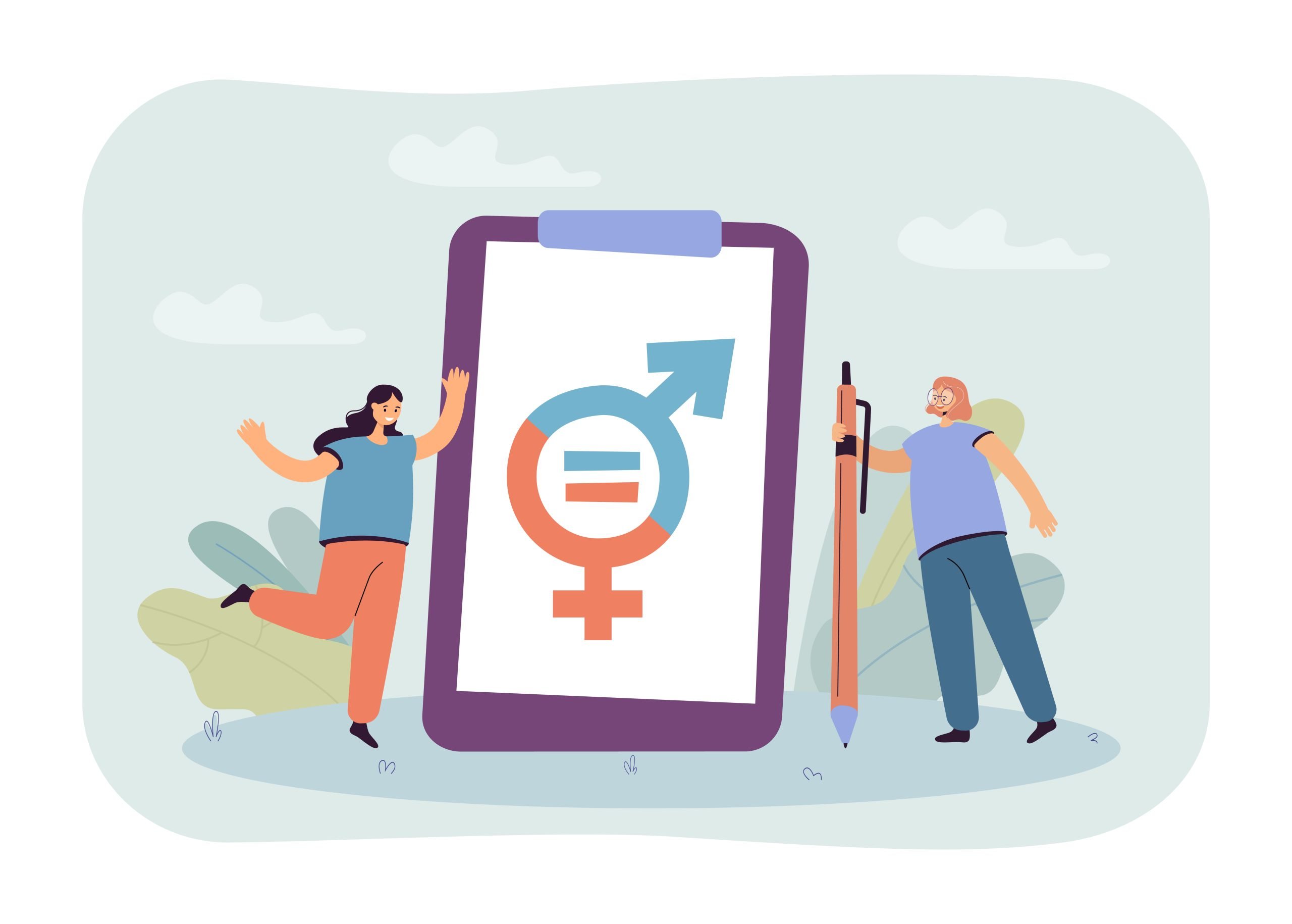 Feminists next to giant clipboard with gender equality symbol