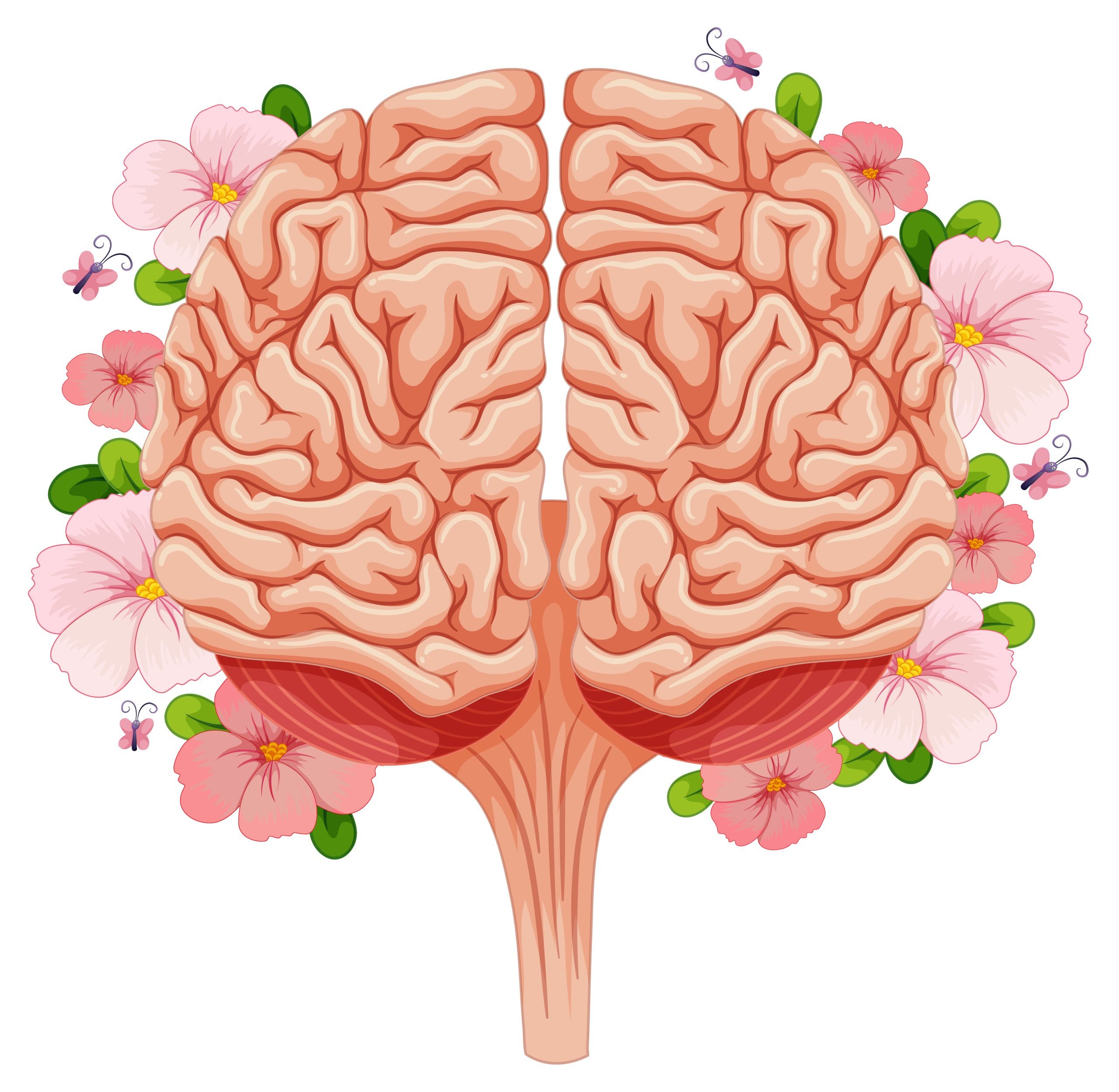 Human brain with many flowers